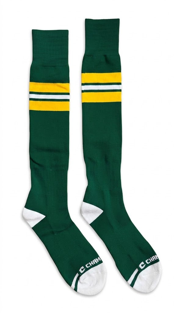 Vintage Warriors Game Socks - Champro Brand. Green with Gold and White Stripe