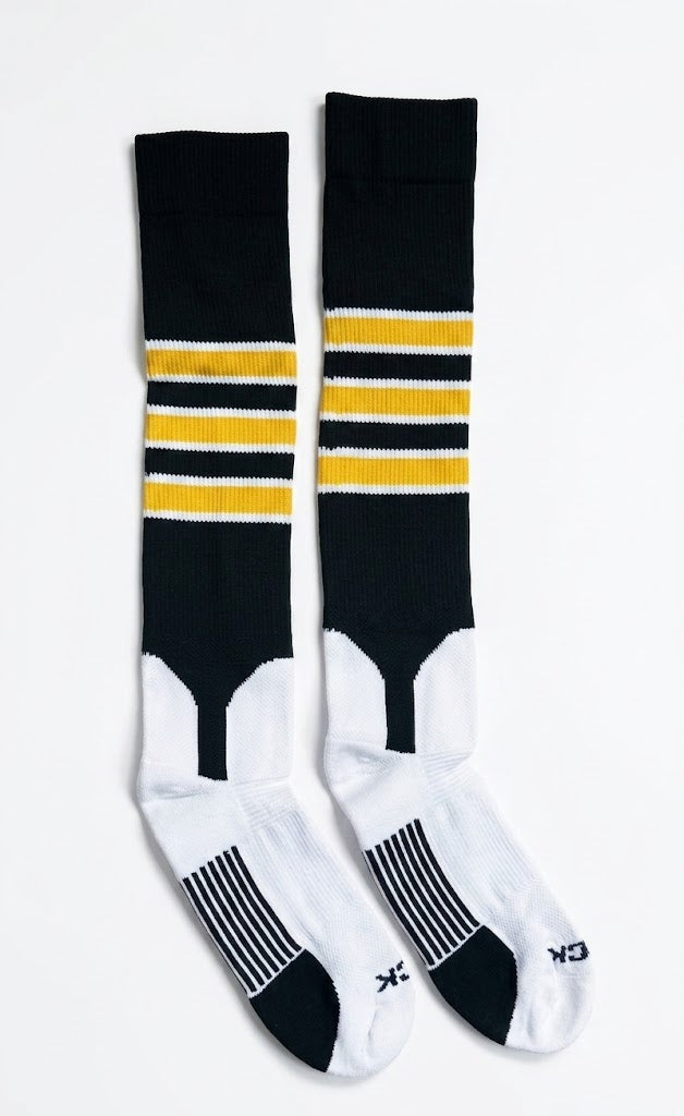 Vintage Warriors Game Socks - TCK Brand. Dark Green with Yellow and White Stripes